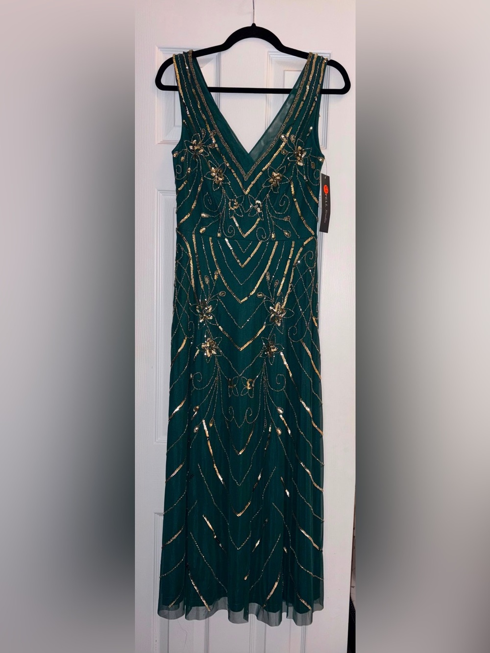 Adrianna Papell Women's Green Beaded V-neck Sleeveless Mesh Dress